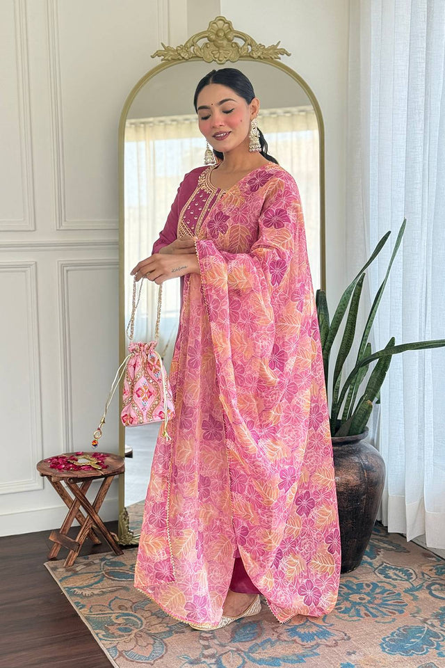 Pink Embroidered Rayon Kurti Pant Set