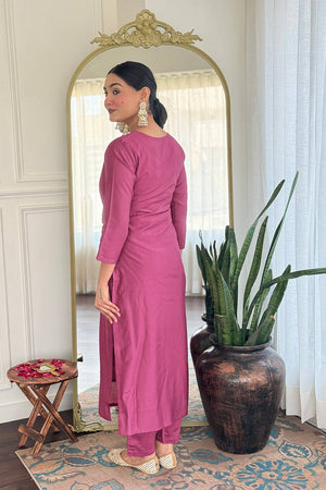 Pink Embroidered Rayon Kurti Pant Set