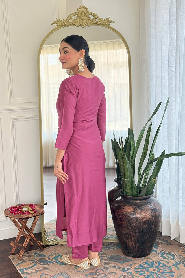 Pink Embroidered Rayon Kurti Pant Set