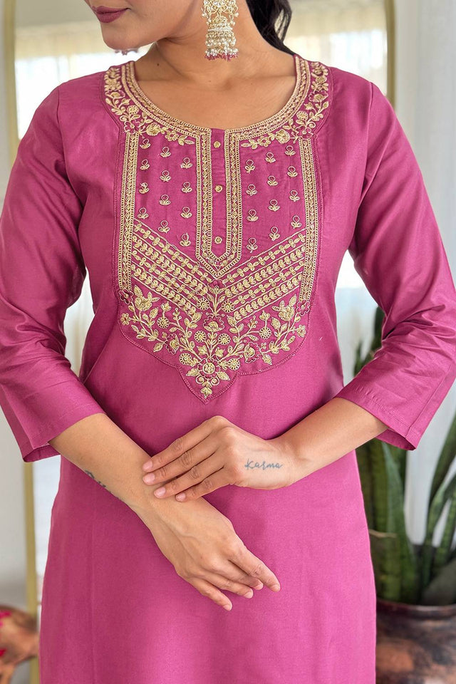 Pink Embroidered Rayon Kurti Pant Set