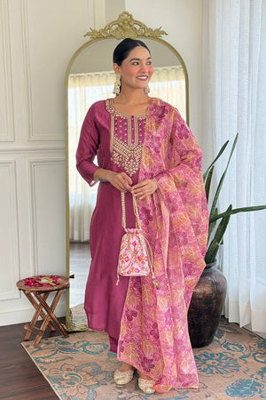 Pink Embroidered Rayon Kurti Pant Set