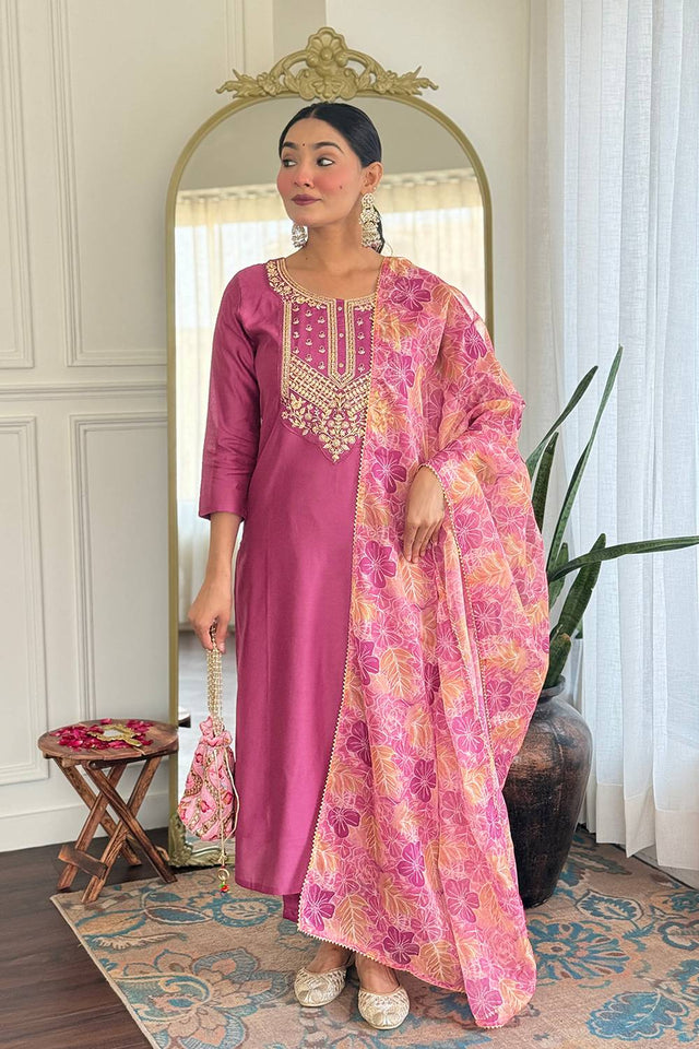 Pink Embroidered Rayon Kurti Pant Set
