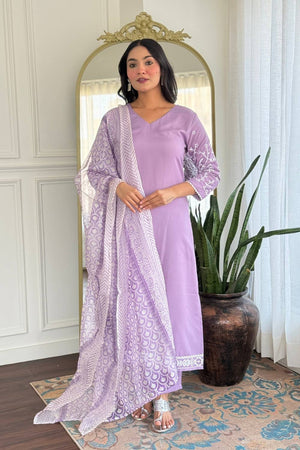 Lavender Floral Embroidered Rayon Straight Cut Suit Set