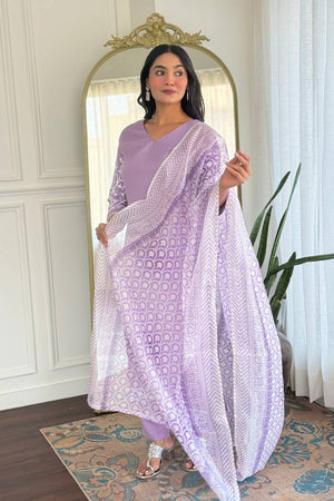 Lavender Floral Embroidered Rayon Straight Cut Suit Set