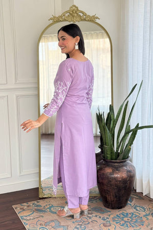 Lavender Floral Embroidered Rayon Straight Cut Suit Set