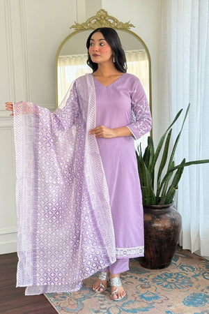 Lavender Floral Embroidered Rayon Straight Cut Suit Set