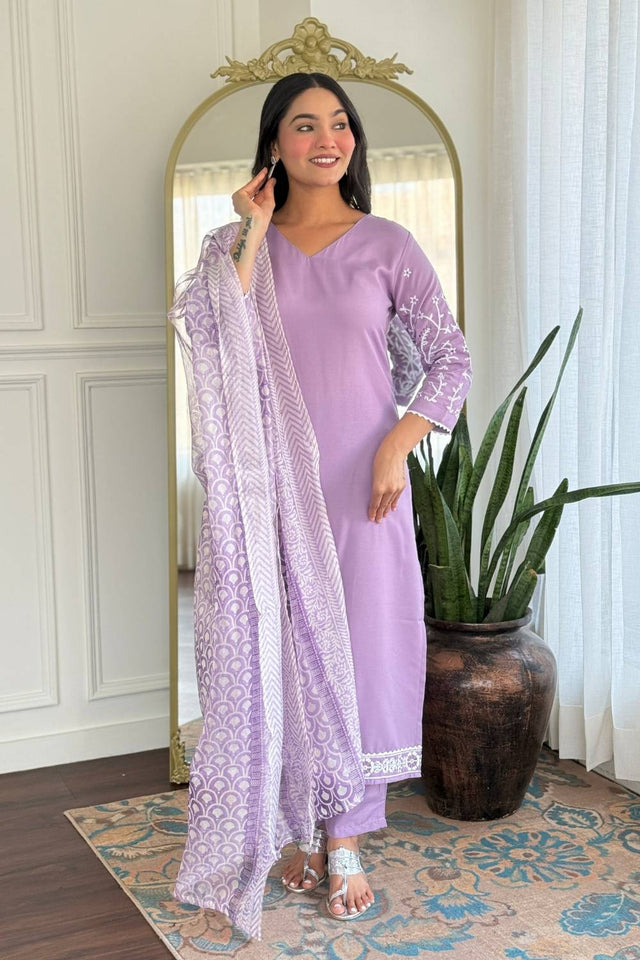 Lavender Floral Embroidered Rayon Straight Cut Suit Set