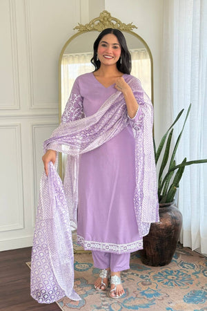 Lavender Floral Embroidered Rayon Straight Cut Suit Set