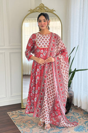 Maroon Floral Printed Rayon Anarkali Suit Set