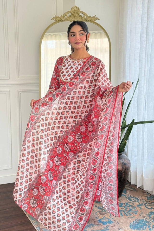 Maroon Floral Printed Rayon Anarkali Suit Set