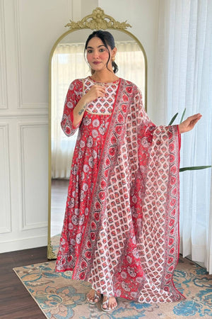 Maroon Floral Printed Rayon Anarkali Suit Set