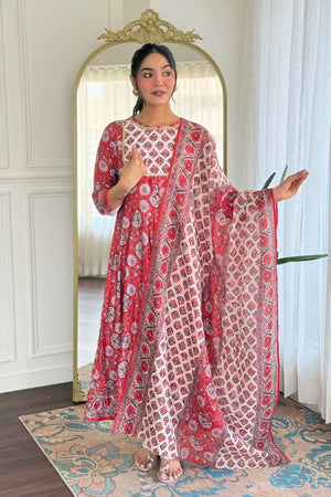Maroon Floral Printed Rayon Anarkali Suit Set