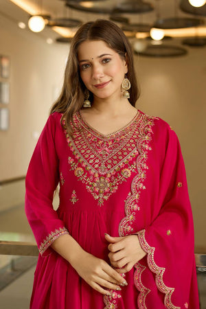 Magenta Floral Embroidered Silk Anarkali Suit Set