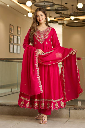 Magenta Floral Embroidered Silk Anarkali Suit Set
