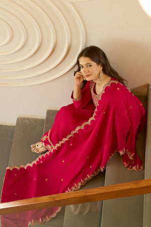 Magenta Floral Embroidered Silk Anarkali Suit Set
