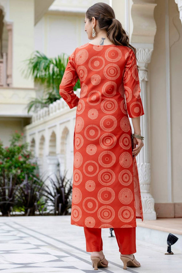 Orange Bandhani Printed Rayon Straight Cut Suit Set