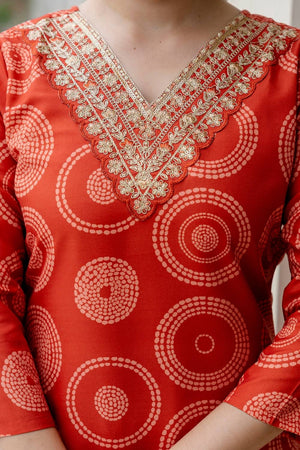 Orange Bandhani Printed Rayon Straight Cut Suit Set