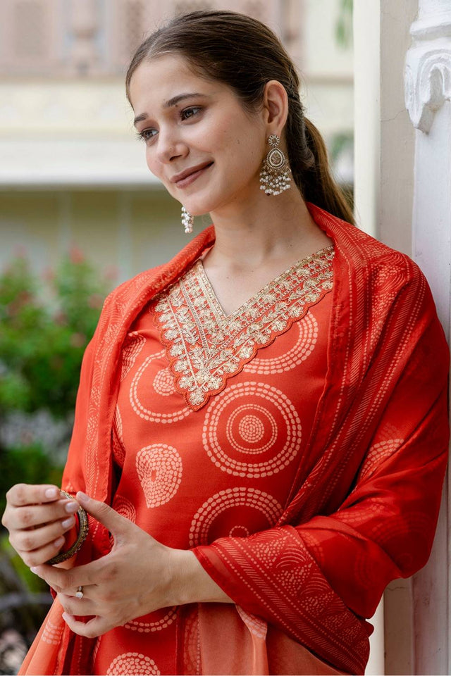Orange Bandhani Printed Rayon Straight Cut Suit Set