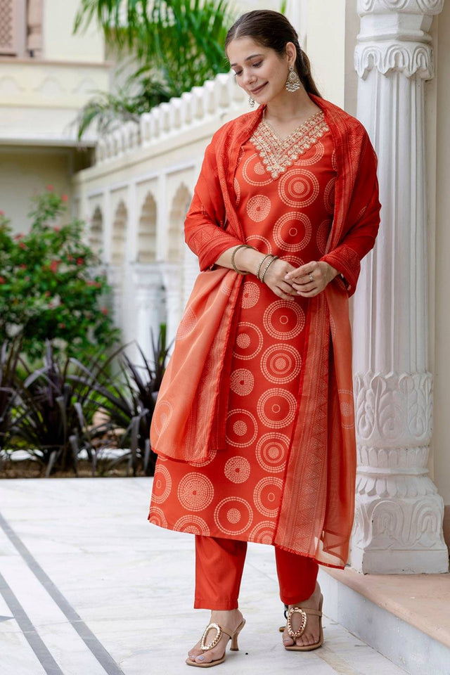 Orange Bandhani Printed Rayon Straight Cut Suit Set
