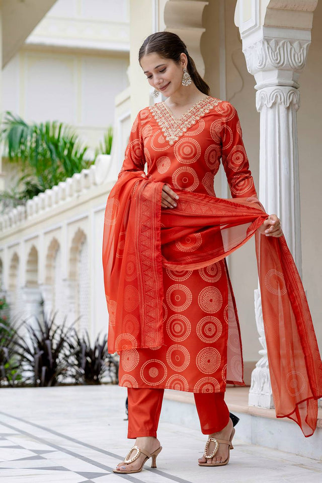 Orange Bandhani Printed Rayon Straight Cut Suit Set