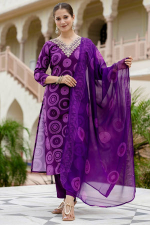 Violet Bandhani Printed Rayon Straight Cut Suit Set