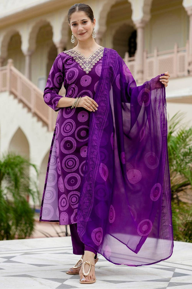 Violet Bandhani Printed Rayon Straight Cut Suit Set