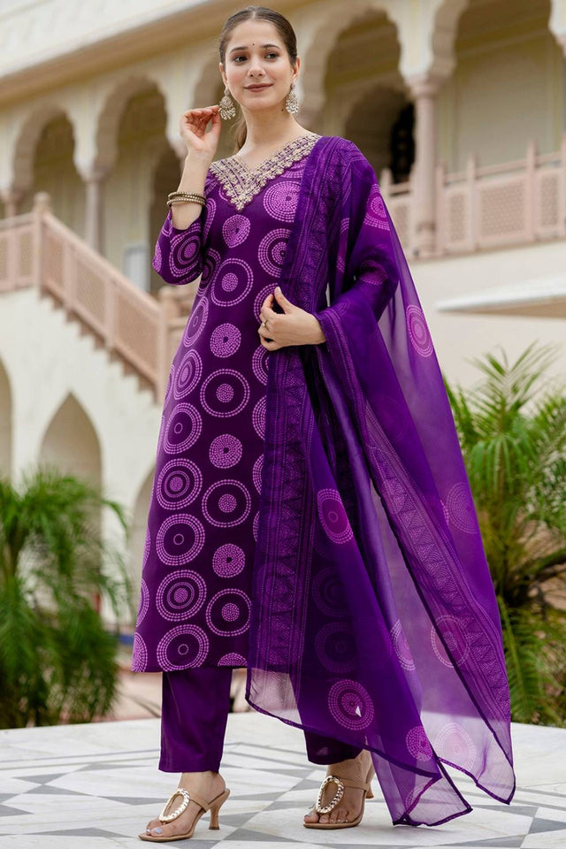 Violet Bandhani Printed Rayon Straight Cut Suit Set