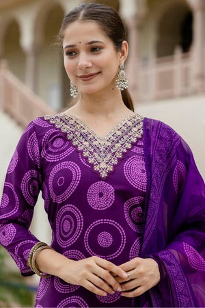 Violet Bandhani Printed Rayon Straight Cut Suit Set
