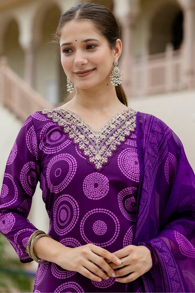 Violet Bandhani Printed Rayon Straight Cut Suit Set
