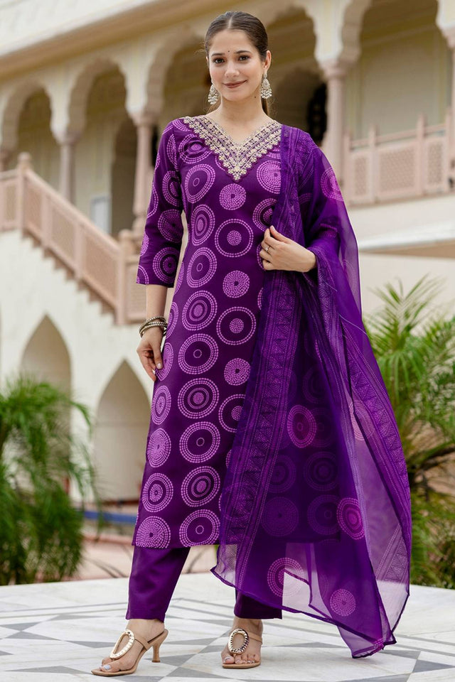 Violet Bandhani Printed Rayon Straight Cut Suit Set
