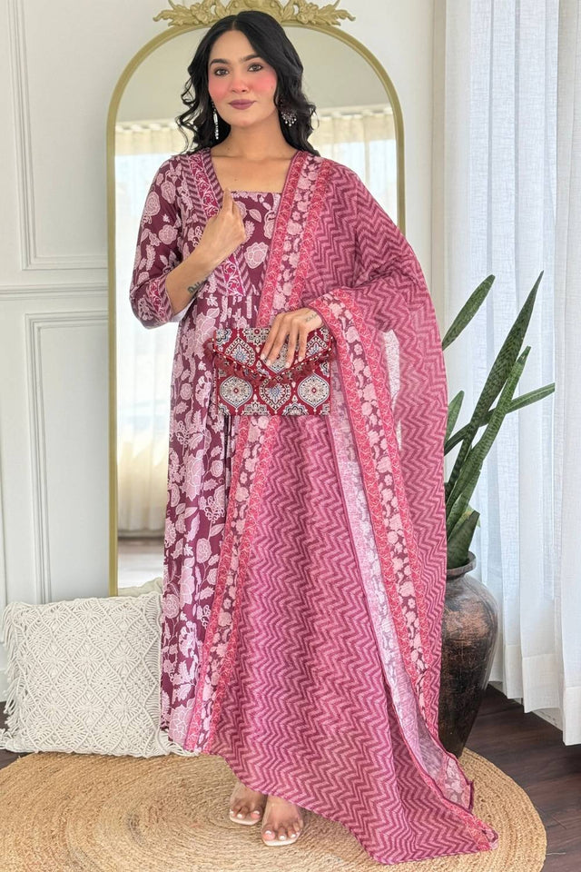 Maroon Floral Embroidered Rayon Anarkali Suit Set