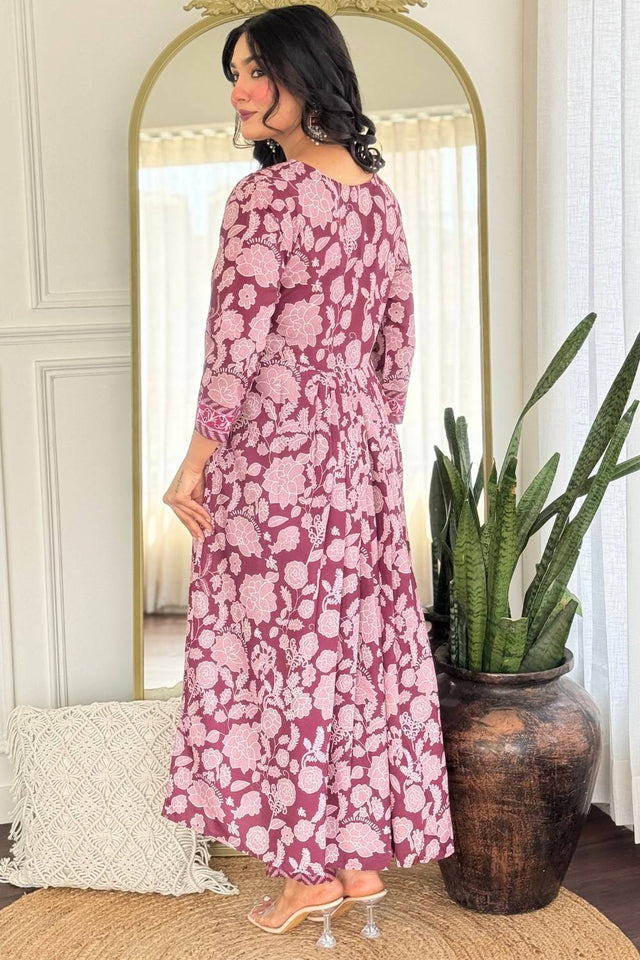 Maroon Floral Embroidered Rayon Anarkali Suit Set