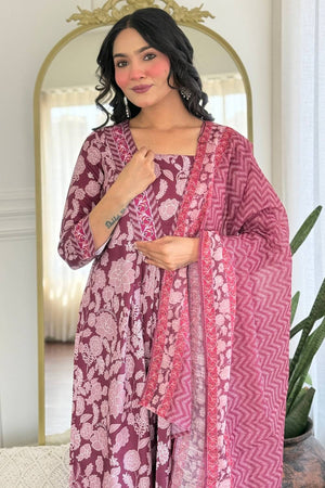 Maroon Floral Embroidered Rayon Anarkali Suit Set