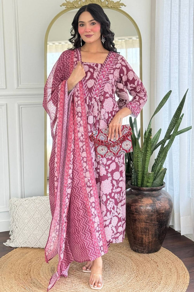 Maroon Floral Embroidered Rayon Anarkali Suit Set