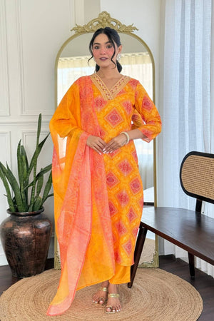 Yellow Bandhani Printed Rayon Straight Cut Suit Set