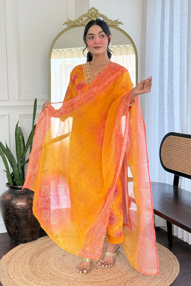 Yellow Bandhani Printed Rayon Straight Cut Suit Set