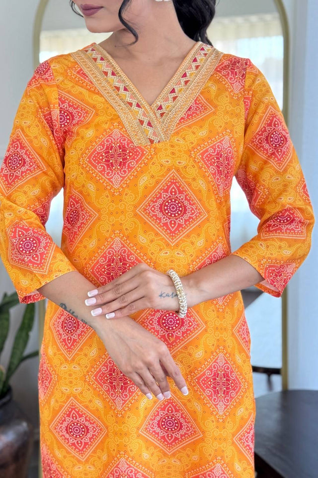 Yellow Bandhani Printed Rayon Straight Cut Suit Set