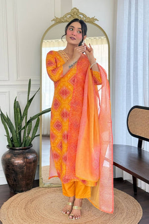 Yellow Bandhani Printed Rayon Straight Cut Suit Set
