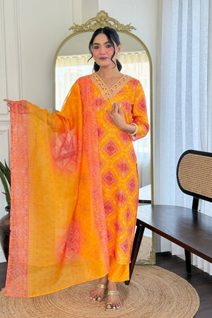 Yellow Bandhani Printed Rayon Straight Cut Suit Set