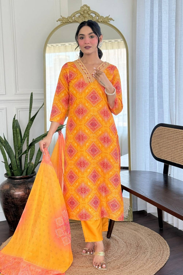 Yellow Bandhani Printed Rayon Straight Cut Suit Set