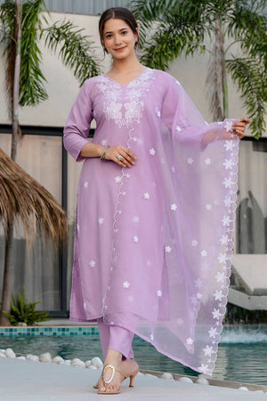 Lavender Floral Embroidered Rayon Kurti Pant Set