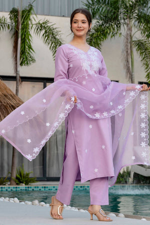 Lavender Floral Embroidered Rayon Straight Cut Suit Set