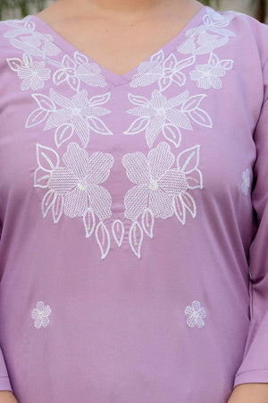 Lavender Floral Embroidered Rayon Kurti Pant Set