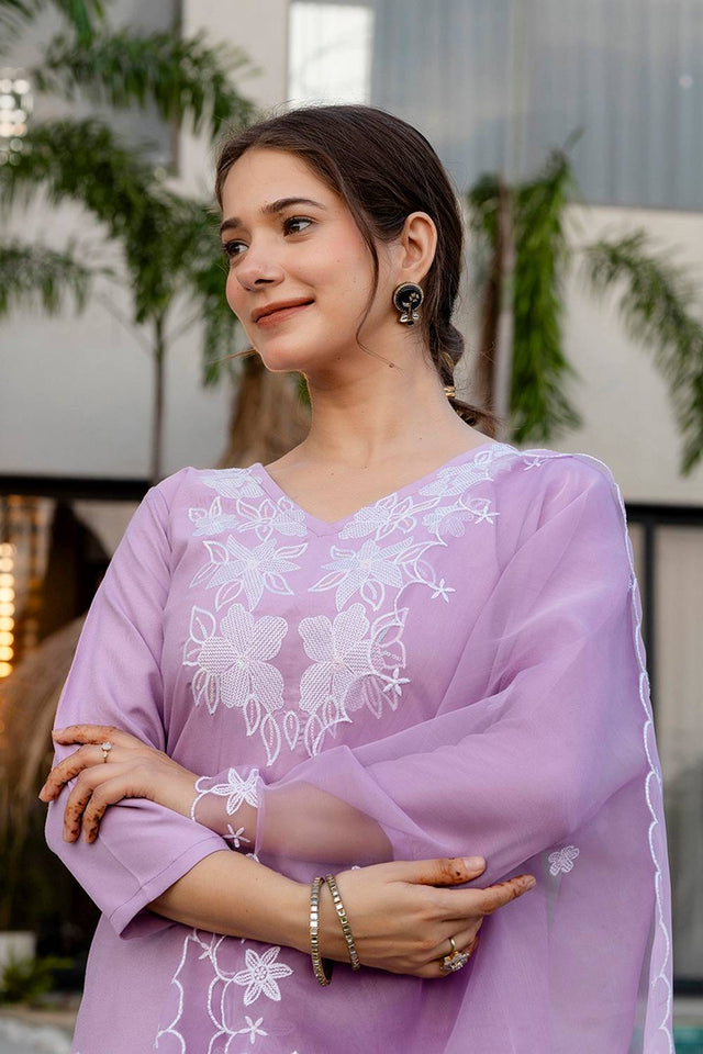 Lavender Floral Embroidered Rayon Straight Cut Suit Set