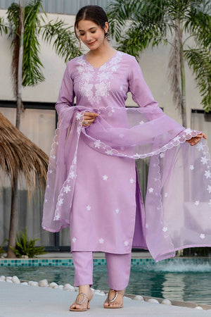 Lavender Floral Embroidered Rayon Kurti Pant Set