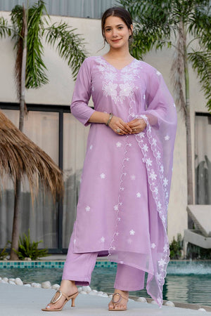 Lavender Floral Embroidered Rayon Kurti Pant Set