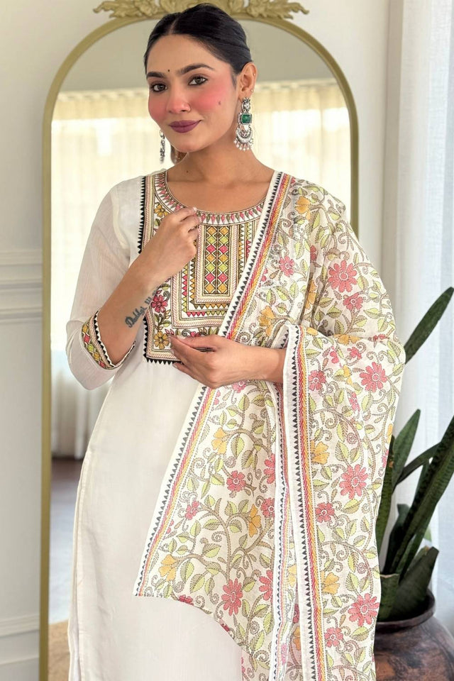 Cream Floral Printed Rayon Straight Cut Suit Set