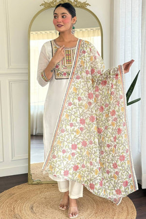 Cream Floral Printed Rayon Straight Cut Suit Set