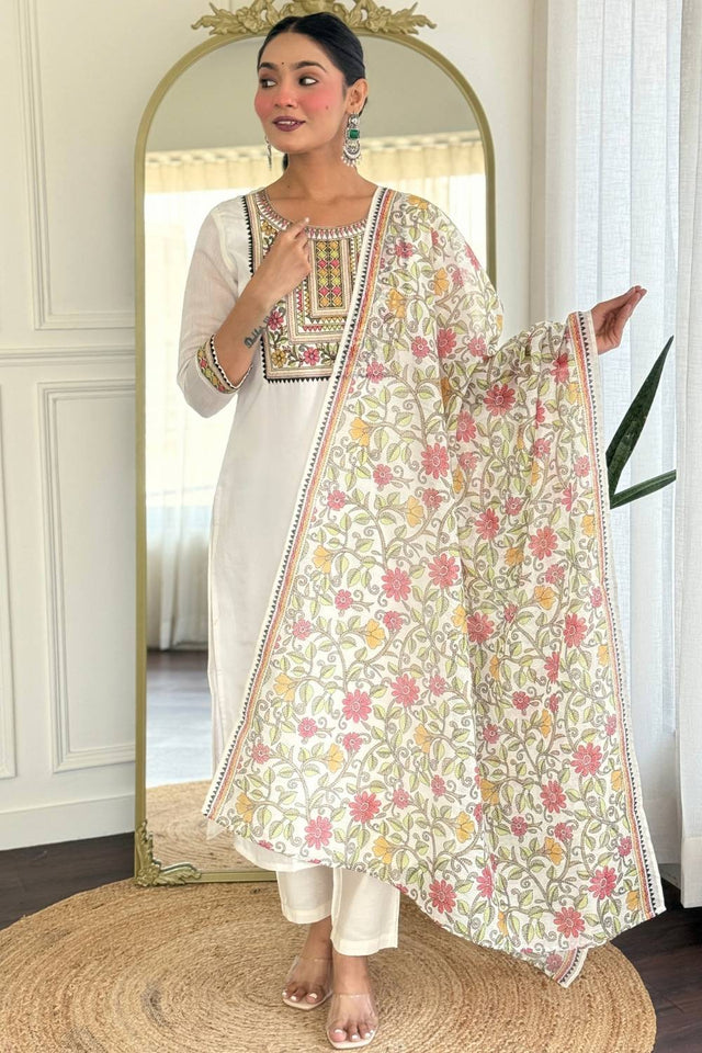 Cream Floral Printed Rayon Straight Cut Suit Set