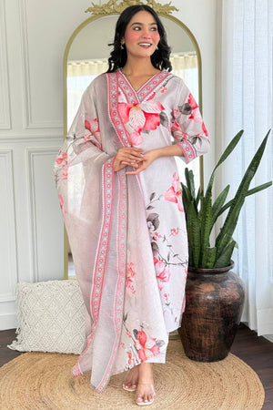 Cream Floral Printed Rayon Straight Cut Suit Set
